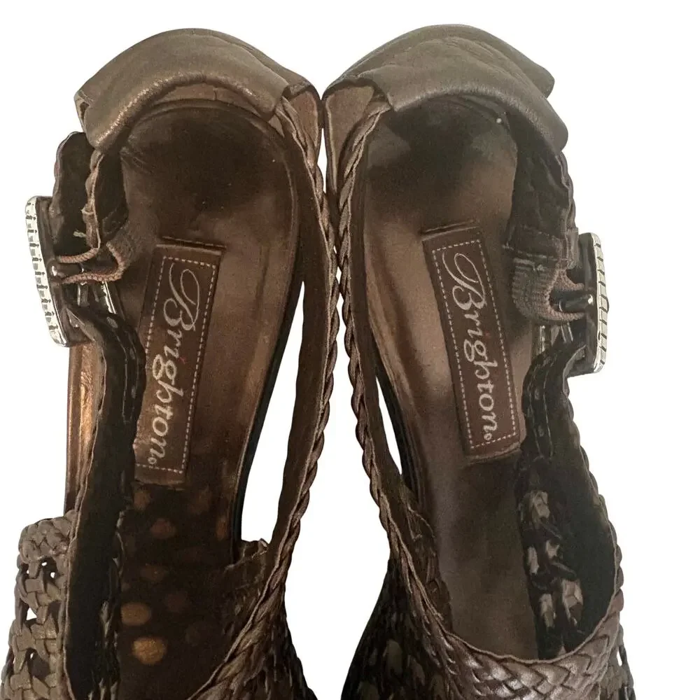 Brighton Realm Bronze Leather Woven Basketweave Wedge Sandals Feminine Boho